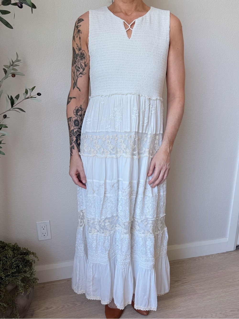 Coldwater Creek White Cotton Linen Lace Tiered Maxi Dress Petite Medium PM